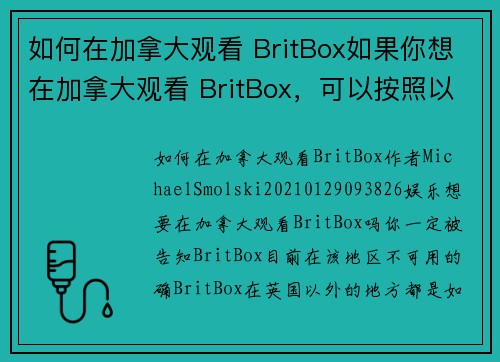 如何在加拿大观看 BritBox如果你想在加拿大观看 BritBox，可以按照以下步骤进行：